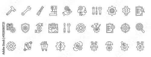 Maintenance and Repair icon set collection in outline style. Icon pack contain Hammer, spanner, pliers, drill,  Maintenance, Repair, Wrench, Gear, Machine repair, Inspection, Service schedule