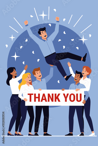 Flat vector illustration of an employee being lifted up by happy coworkers in celebration