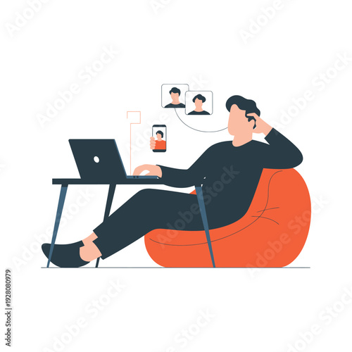Man on Laptop and Phone with Connected Icons bean bag chair