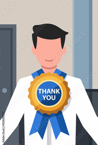 Flat vector illustration of a thank-you medal hanging on a ribbon around employee's neck