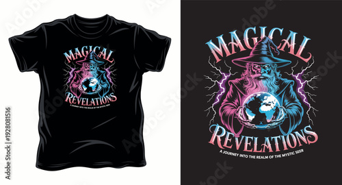 Magical revelations wizard holding planet earth surrounded by lightning bolts and mystical energy t-shirt design print illustration