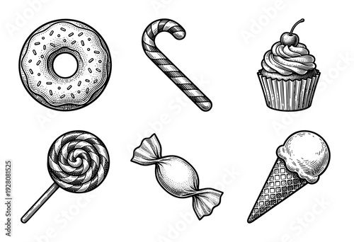 Set of vintage engraved illustrations of assorted sweet treats including donut candy cane cupcake lollipop hard candy and ice cream cone