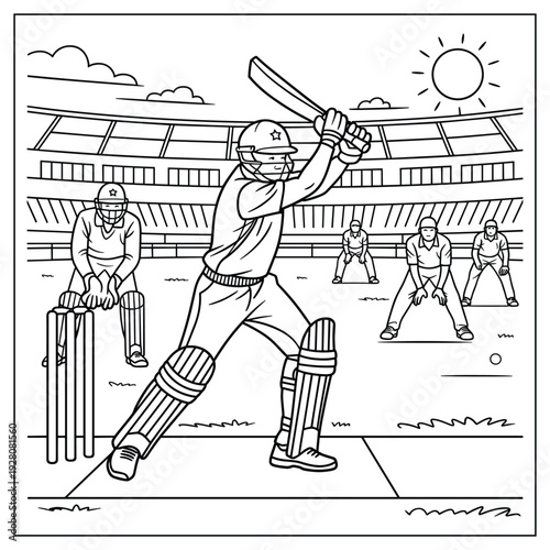 Cricket Player Batting in Stadium with Fielders and Wicket Keeper Line Art