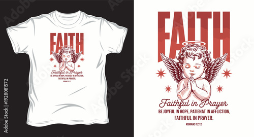 Faithful cherub angel praying with halo and wings scripture quote bible verse t-shirt design print illustration