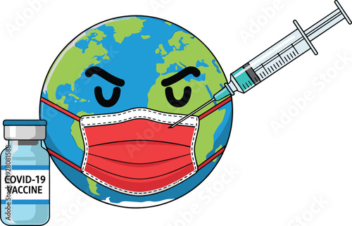 Earth wearing face mask with syringe and COVID 19 vaccine vial, global vaccination illustration isolated on white background