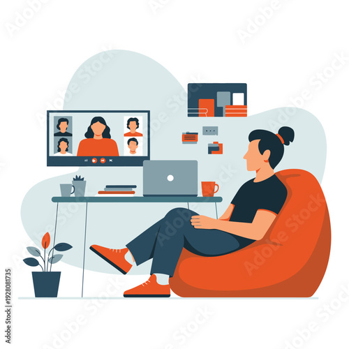 Person in beanbag chair during online meeting on screen