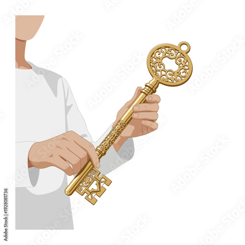 A person holding a large golden key