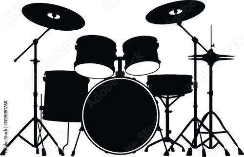 Black and white drum kit silhouette isolated on white background musical instrument vector illustration