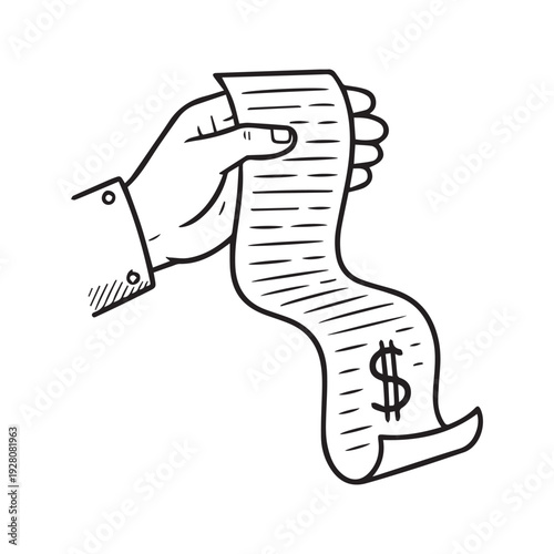 Hand drawn doodle sketch of a hand holding a very long receipt bill with dollar sign
