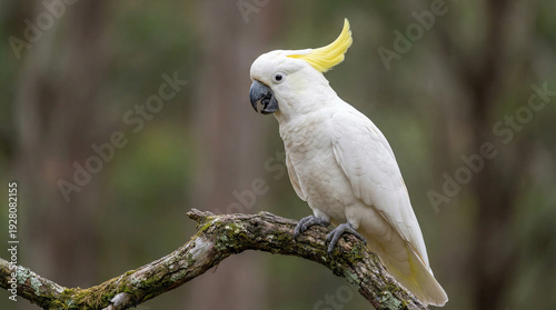 Stunning portrait of a majestic white cockatoo with a bright yellow crest, observing its surroundings from a moss-covered tree branch in a serene natural forest environment