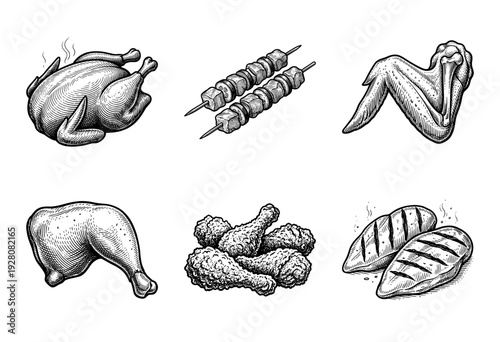 Vintage engraving style chicken meat collection featuring whole roasted bird, skewers, wings, drumsticks, and grilled breast fillets.
