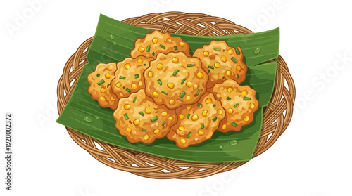 Crispy Corn Fritters with Banana Leaves Flat Design Vector