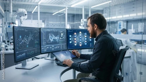 An expert scientist skillfully navigates a cutting-edge computer interface, harnessing artificial intelligence and neural networks to drive technological innovation