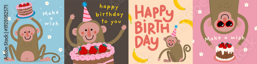 Happy birthday greeting card with cute monkey, party hat, strawberry and chocolate cake. Animal cartoon characters in party. -Vector