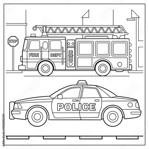 Fire Truck and Police Car Side View Outline City Street
