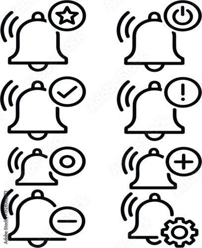 Ringing notification bell line icon set with priority settings alert status symbols for mobile app user interface design
