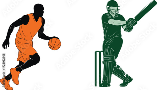 Basketball player and cricket batsman silhouettes, dynamic sports illustration isolated on white background athletic competition concept design