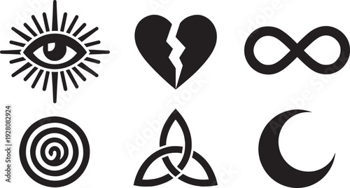 Mystic spiritual symbols collection with eye infinity spiral moon heart vector silhouette icon set