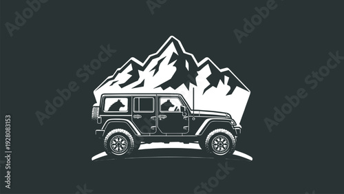Off road jeep adventure with mountain landscape and dog silhouette, outdoor exploration vector illustration design