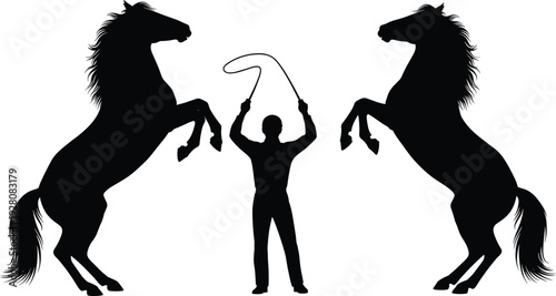 Man standing between two rearing horses holding a whip person