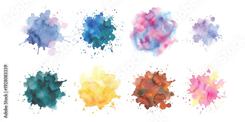 Set of colorful abstract watercolor splashes and paint stains with splatters for creative artistic design vector illustration