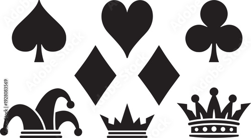 Playing card suit symbols and royal crowns collection, casino poker vector silhouette icon set