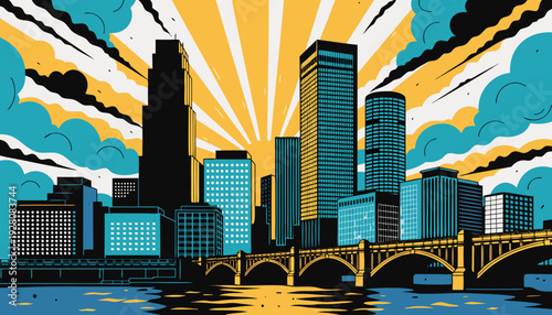 Stylized Urban Skyline Silhouette Against Bright Sunburst Above Water and Arch Bridge Structure minneapolis skyline vector