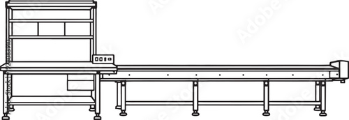 Factory Assembly Line Module with Workstation and Conveyor Side View Black and White Line Art.eps