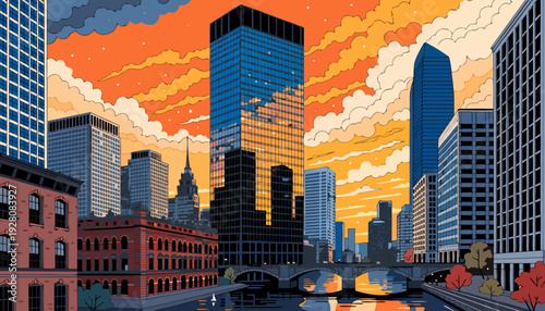 Modern Cityscape View During Sunset with Towering Structures Reflected in Calm Water Below minneapolis skyline vector