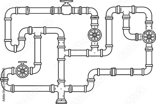 Photos Engineering Pipeline Network Diagram Black and White Line Art Vector Illustration