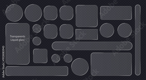 Glassmorphism user interface elements set with transparent vector liquid glass shapes . Modern translucent web elements with  shine and shadow on dark grid background. great for ui and ux design.