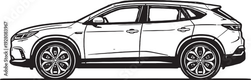 Electric SUV Vehicle Black and White Line Art Modern EV Car Vector.eps