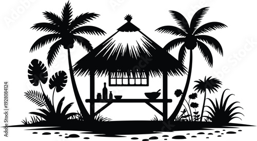 Tropical beach hut with palm trees and bottles island summer vacation vector illustration