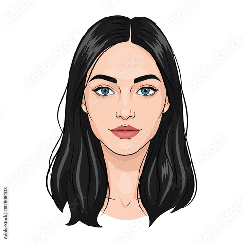 A cartoon drawing of a woman with long black hair