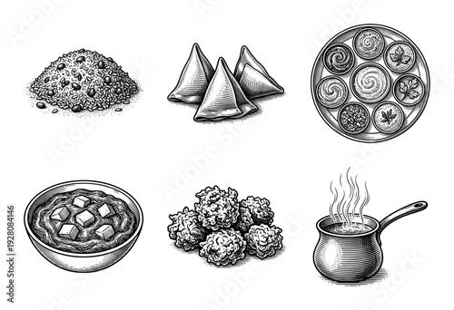 Vintage engraving set of traditional Indian cuisine elements including biryani samosas thali paneer curry pakora and masala chai in a hand-drawn woodcut style