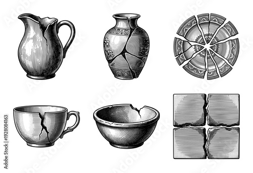 Vintage engraving of broken ceramic pottery collection featuring a cracked pitcher, vase, plate, teacup, bowl, and tile in a woodcut line art style