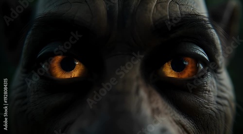 Intense close up of monstrous face with glowing orange eyes in darkness