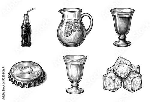 Vintage engraving style collection of refreshing beverage icons featuring soda bottle, citrus pitcher, glassware, bottle cap, and ice cubes.