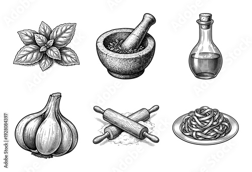 Set of hand drawn culinary illustrations including pasta ingredients and kitchen tools in a vintage woodcut engraving style