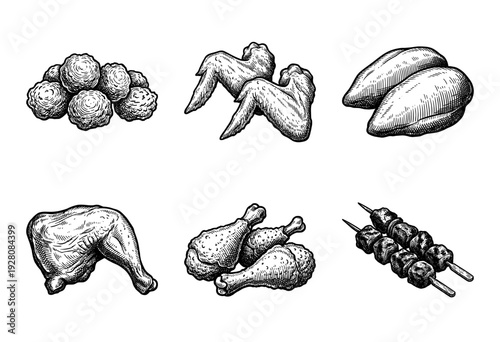 Set of chicken meat cuts and snacks in vintage hand drawn woodcut style including wings drumsticks breast and skewers