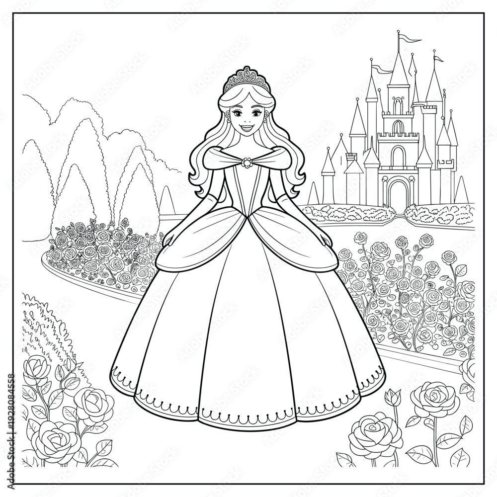 Fototapeta premium Princess in Ball Gown with Roses and Castle Coloring Page Stock