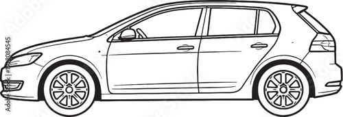Compact Hatchback Car Black and White Line Art Vector Side View Illustration.eps