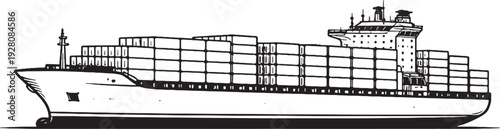 Cargo Container Ship Black and White Line Art Ocean Freight Vessel Side View Illustration.eps
