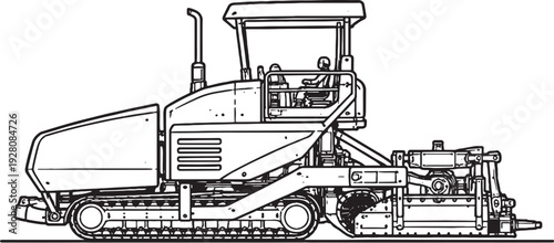 Asphalt Paver Machine Black and White Line Art Road Construction Equipment Illustration.eps