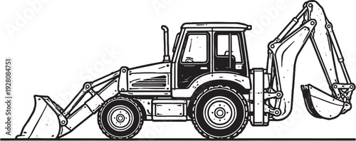 Backhoe Loader Construction Vehicle Black and White Line Art Heavy Equipment Vector.eps