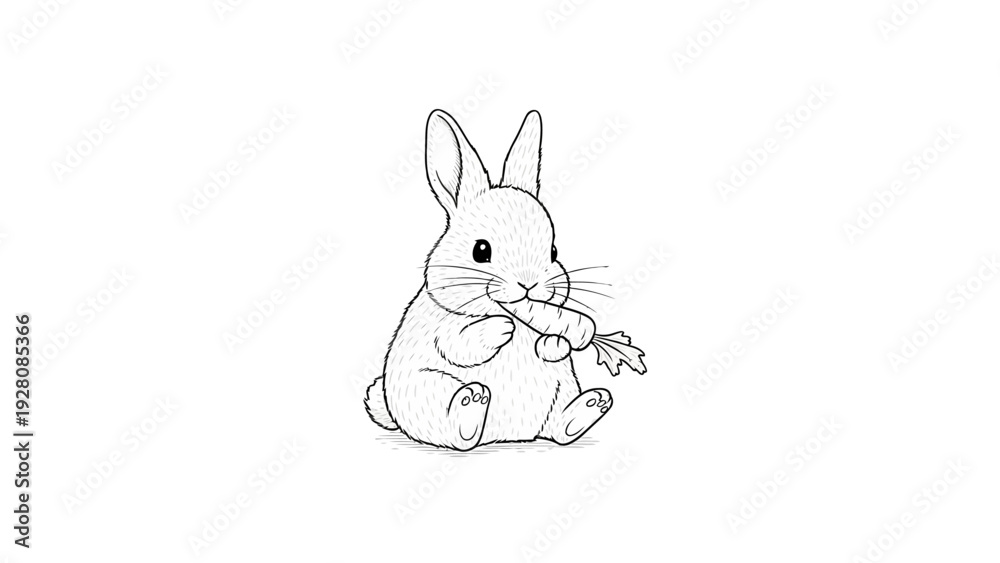 Fototapeta premium Cute bunny illustration eating a carrot in line art style