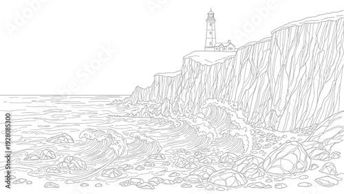 Lighthouse on a cliff overlooking a wavy ocean with rocky shore, line art illustration.