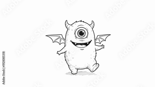 Cute hand-drawn monster with one eye and wings