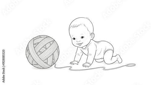 Happy baby exploring a ball of yarn