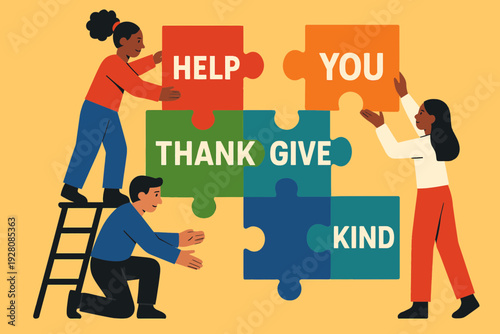 Flat vector scene of team building a giant thank-you puzzle together, pieces with positive words